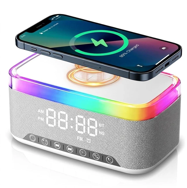 Main image of BAOONG 15W Wireless Charging Alarm Clock with Sound Machine & Speaker, Gray | 15W Fast Charger, 10W Bluetooth Speaker, FM Radio, 12-color Dimmable Night Light, Sleep Timer, Perfect for Bedrooms.