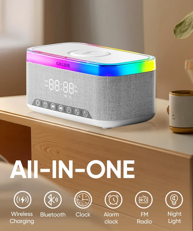 Alt view image 2 of 7 - BAOONG 15W Wireless Charging Alarm Clock with Sound Machine & Speaker, Gray | 15W Fast Charger, 10W Bluetooth Speaker, FM Radio, 12-color Dimmable Night Light, Sleep Timer, Perfect for Bedrooms.