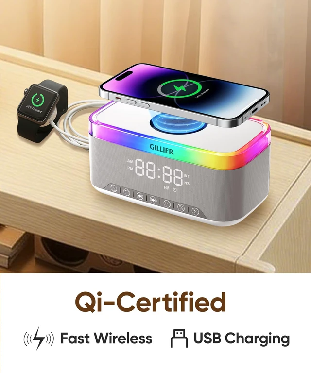 Alt view image 3 of 7 - BAOONG 15W Wireless Charging Alarm Clock with Sound Machine & Speaker, Gray | 15W Fast Charger, 10W Bluetooth Speaker, FM Radio, 12-color Dimmable Night Light, Sleep Timer, Perfect for Bedrooms.