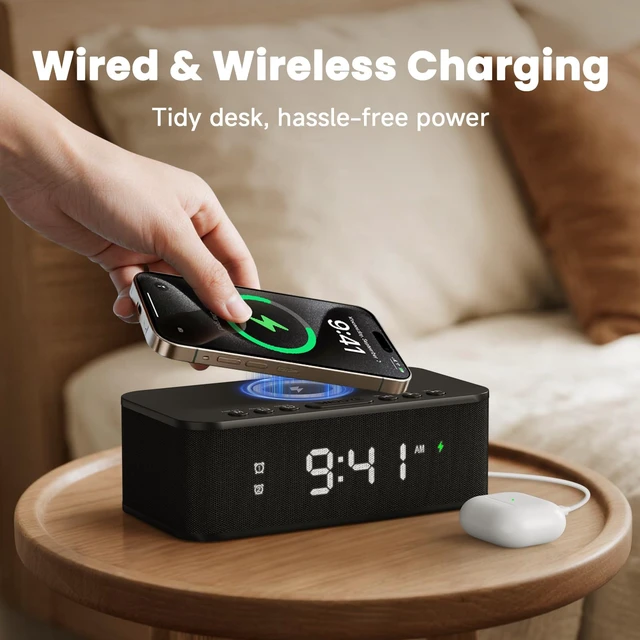 Alt view image 3 of 7 - Fansbe Direct Digital Alarm Clock White Noise, Loud Digital Alarm Clocks Bedrooms, Alarm Clock Speaker Wireless Charger AUX USB Bluetooth Speaker 12/24H Dual Alarm Snooze Adjustable Brightness, Black