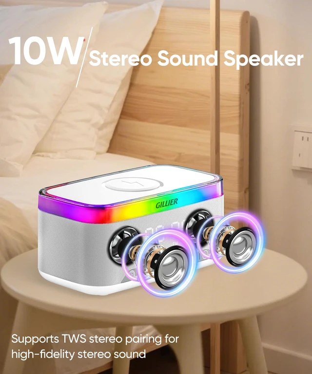 Alt view image 4 of 7 - BAOONG 15W Wireless Charging Alarm Clock with Sound Machine & Speaker, Gray | 15W Fast Charger, 10W Bluetooth Speaker, FM Radio, 12-color Dimmable Night Light, Sleep Timer, Perfect for Bedrooms.