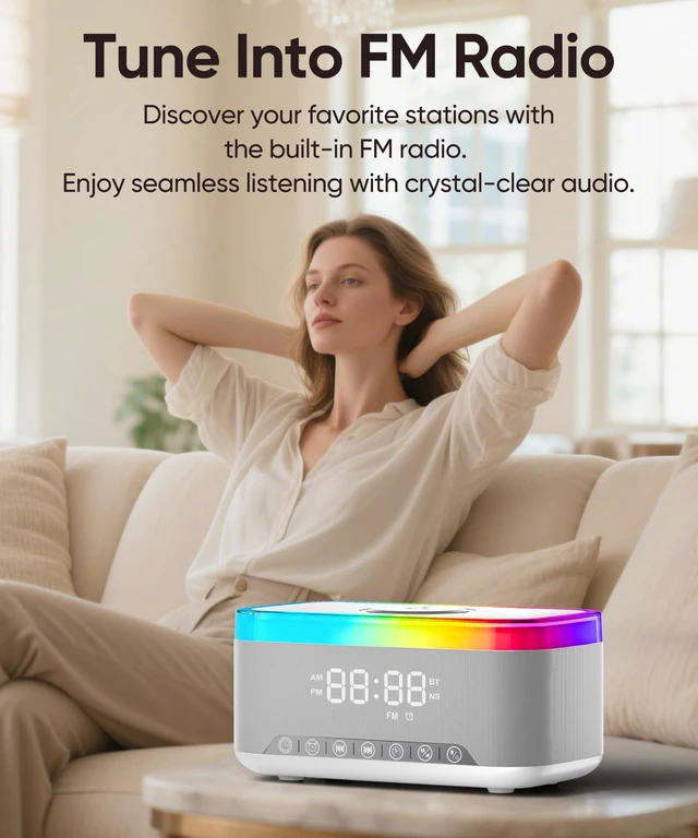 Alt view image 5 of 7 - BAOONG 15W Wireless Charging Alarm Clock with Sound Machine & Speaker, Gray | 15W Fast Charger, 10W Bluetooth Speaker, FM Radio, 12-color Dimmable Night Light, Sleep Timer, Perfect for Bedrooms.