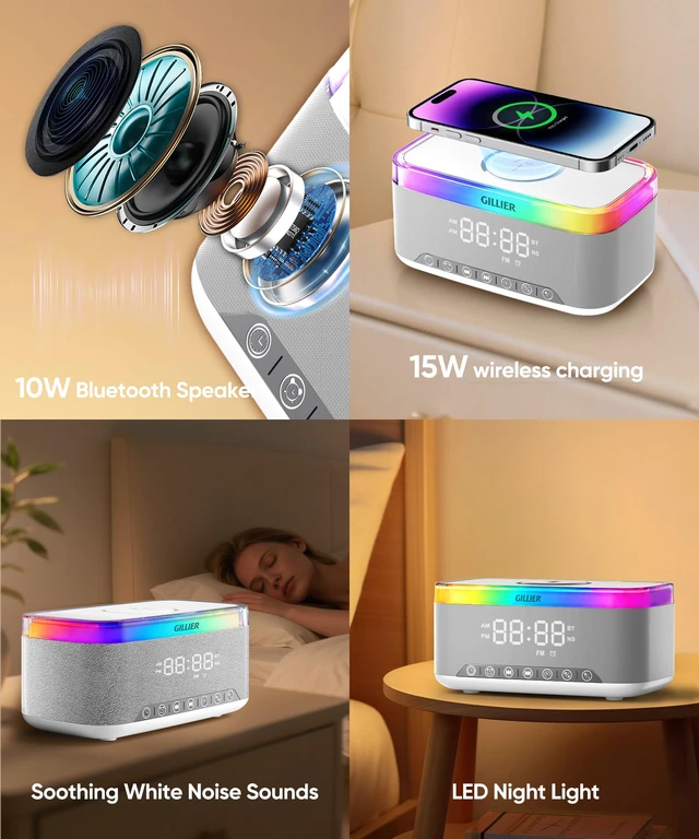 Alt view image 6 of 7 - BAOONG 15W Wireless Charging Alarm Clock with Sound Machine & Speaker, Gray | 15W Fast Charger, 10W Bluetooth Speaker, FM Radio, 12-color Dimmable Night Light, Sleep Timer, Perfect for Bedrooms.