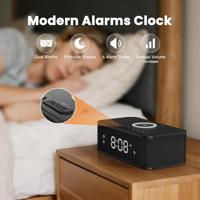 Alt view image 6 of 7 - Fansbe Direct Digital Alarm Clock White Noise, Loud Digital Alarm Clocks Bedrooms, Alarm Clock Speaker Wireless Charger AUX USB Bluetooth Speaker 12/24H Dual Alarm Snooze Adjustable Brightness, Black