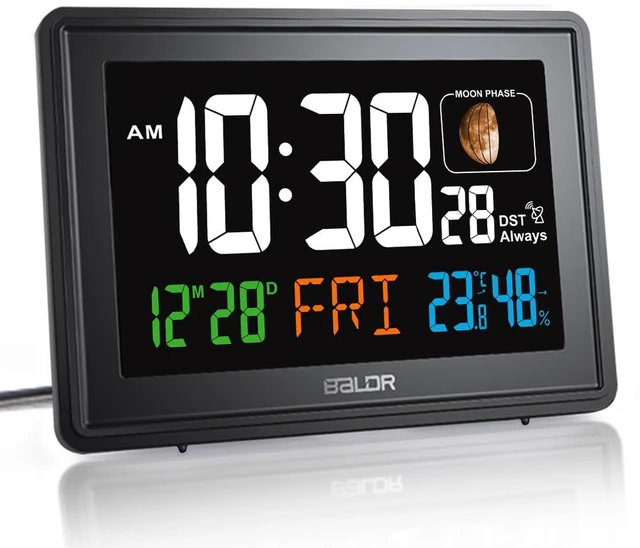 Main image of Baldr Digital Alarm Atomic Clock, 7'' Display with Adjustable Brightness | Large Desk Clock Indoor Temperature, Humidity & Moon Phase for Living Room Bedroom, Adapter Powered, Black