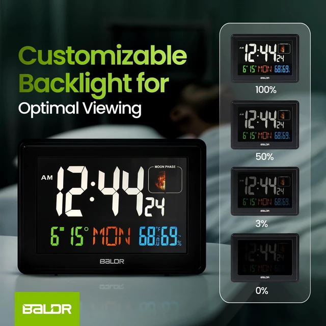 Alt view image 2 of 7 - Baldr Digital Alarm Atomic Clock, 7'' Display with Adjustable Brightness | Large Desk Clock Indoor Temperature, Humidity & Moon Phase for Living Room Bedroom, Adapter Powered, Black