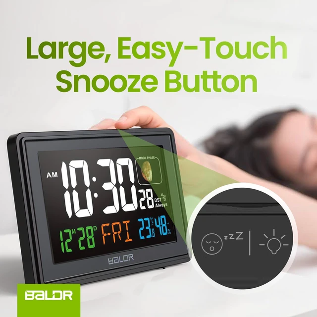Alt view image 3 of 7 - Baldr Digital Alarm Atomic Clock, 7'' Display with Adjustable Brightness | Large Desk Clock Indoor Temperature, Humidity & Moon Phase for Living Room Bedroom, Adapter Powered, Black