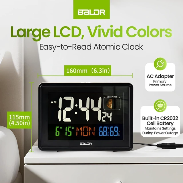 Alt view image 4 of 7 - Baldr Digital Alarm Atomic Clock, 7'' Display with Adjustable Brightness | Large Desk Clock Indoor Temperature, Humidity & Moon Phase for Living Room Bedroom, Adapter Powered, Black