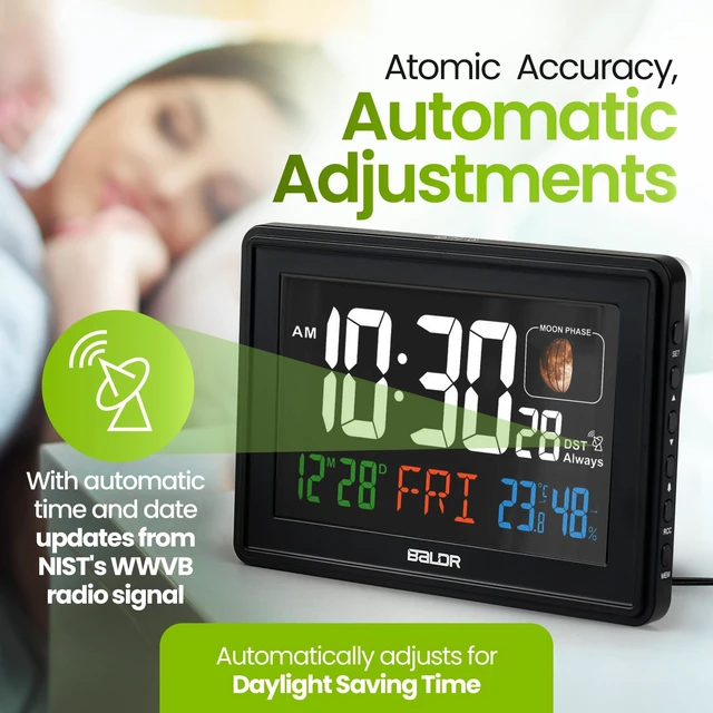 Alt view image 5 of 7 - Baldr Digital Alarm Atomic Clock, 7'' Display with Adjustable Brightness | Large Desk Clock Indoor Temperature, Humidity & Moon Phase for Living Room Bedroom, Adapter Powered, Black