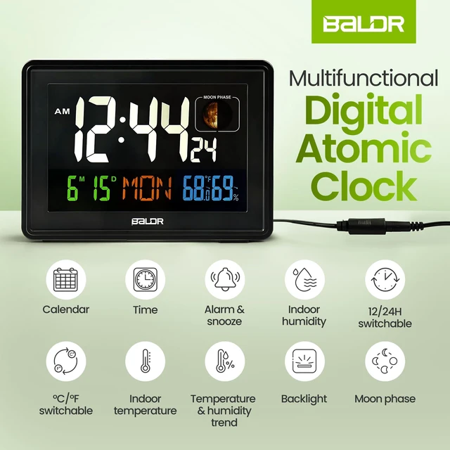 Alt view image 6 of 7 - Baldr Digital Alarm Atomic Clock, 7'' Display with Adjustable Brightness | Large Desk Clock Indoor Temperature, Humidity & Moon Phase for Living Room Bedroom, Adapter Powered, Black