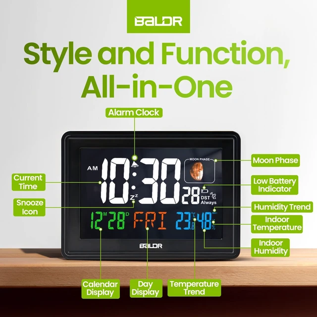 Alt view image 7 of 7 - Baldr Digital Alarm Atomic Clock, 7'' Display with Adjustable Brightness | Large Desk Clock Indoor Temperature, Humidity & Moon Phase for Living Room Bedroom, Adapter Powered, Black