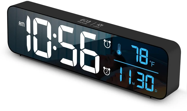 Main image of Abovsare Digital Clock for Bedroom, Clocks for Living Room Decor, Desk Table Clock, Alarm Clock Large Display with Date Week Temperature, Automatic Brightness Dimmer, Smart Cool Modern (Black Blue)