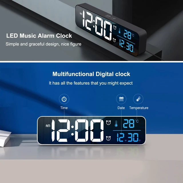 Alt view image 3 of 7 - Abovsare Digital Clock for Bedroom, Clocks for Living Room Decor, Desk Table Clock, Alarm Clock Large Display with Date Week Temperature, Automatic Brightness Dimmer, Smart Cool Modern (Black Blue)