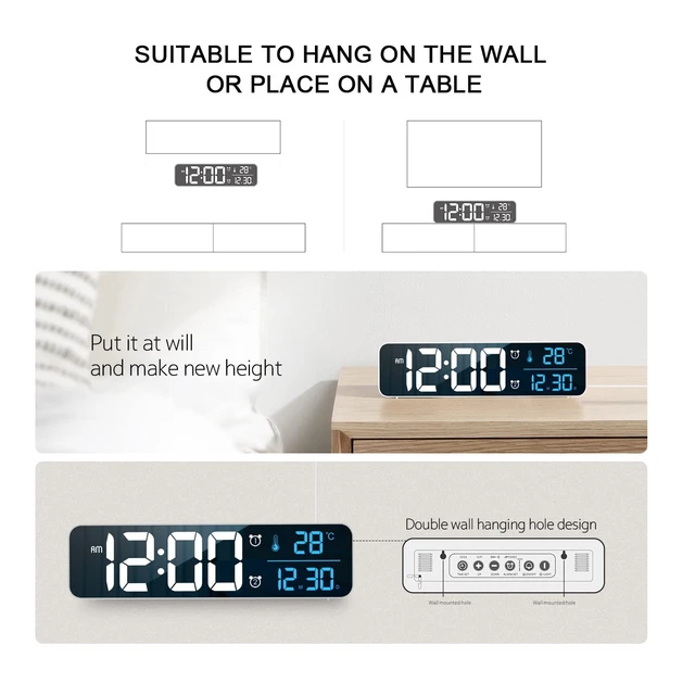 Alt view image 7 of 7 - Abovsare Digital Clock for Bedroom, Clocks for Living Room Decor, Desk Table Clock, Alarm Clock Large Display with Date Week Temperature, Automatic Brightness Dimmer, Smart Cool Modern (Black Blue)