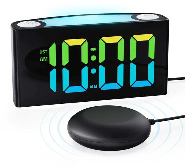 Main image of Vibrating Alarm Clock for Heavy Sleepers with Bed Shaker, 3 Wake-Up Modes | 110dB Loud Alarm for Hearing Impaired, 7.5-Inch RGB Display, 7 Color 8 Modes Night Light, USB-C/USB Charging, Battery Backup