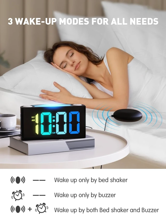 Alt view image 3 of 7 - Vibrating Alarm Clock for Heavy Sleepers with Bed Shaker, 3 Wake-Up Modes | 110dB Loud Alarm for Hearing Impaired, 7.5-Inch RGB Display, 7 Color 8 Modes Night Light, USB-C/USB Charging, Battery Backup