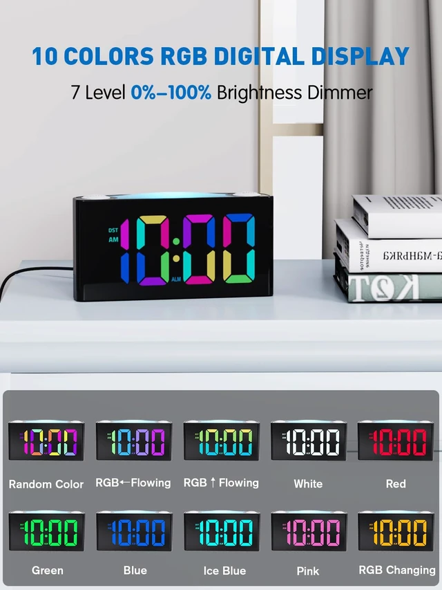 Alt view image 4 of 7 - Vibrating Alarm Clock for Heavy Sleepers with Bed Shaker, 3 Wake-Up Modes | 110dB Loud Alarm for Hearing Impaired, 7.5-Inch RGB Display, 7 Color 8 Modes Night Light, USB-C/USB Charging, Battery Backup