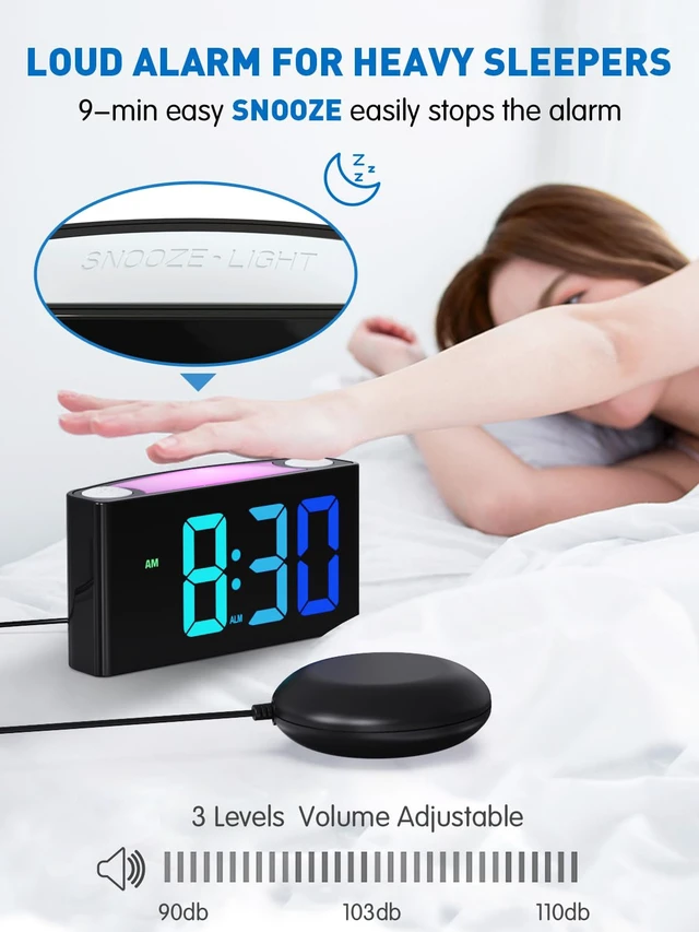 Alt view image 2 of 7 - Vibrating Alarm Clock for Heavy Sleepers with Bed Shaker, 3 Wake-Up Modes | 110dB Loud Alarm for Hearing Impaired, 7.5-Inch RGB Display, 7 Color 8 Modes Night Light, USB-C/USB Charging, Battery Backup