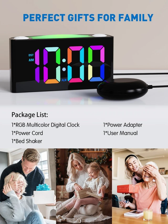 Alt view image 7 of 7 - Vibrating Alarm Clock for Heavy Sleepers with Bed Shaker, 3 Wake-Up Modes | 110dB Loud Alarm for Hearing Impaired, 7.5-Inch RGB Display, 7 Color 8 Modes Night Light, USB-C/USB Charging, Battery Backup