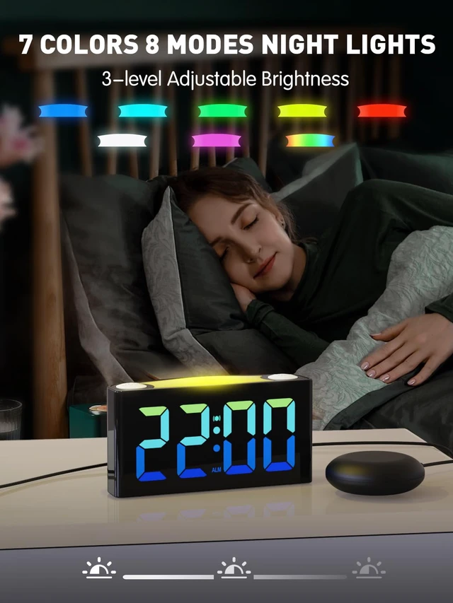 Alt view image 5 of 7 - Vibrating Alarm Clock for Heavy Sleepers with Bed Shaker, 3 Wake-Up Modes | 110dB Loud Alarm for Hearing Impaired, 7.5-Inch RGB Display, 7 Color 8 Modes Night Light, USB-C/USB Charging, Battery Backup