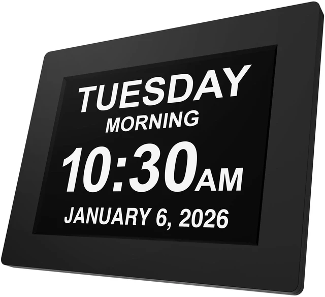 Main image of American Lifetime 8" Digital Alarm Clock for Seniors, Dementia Clock, Black | 2026 model large display day clock with large numbers - easy to read day of the week, date and time for elderly, on a wall