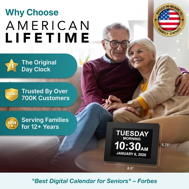 Alt view image 2 of 7 - American Lifetime 8" Digital Alarm Clock for Seniors, Dementia Clock, Black | 2026 model large display day clock with large numbers - easy to read day of the week, date and time for elderly, on a wall