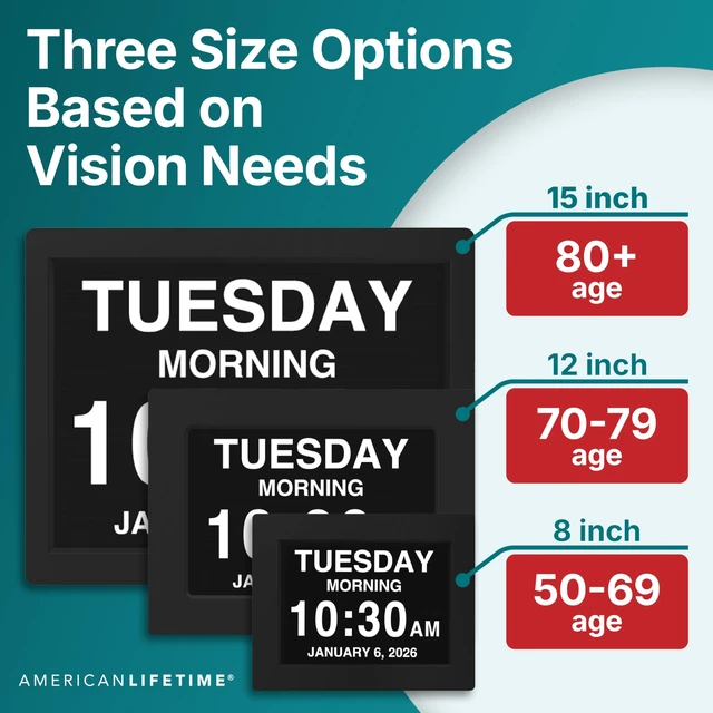 Alt view image 3 of 7 - American Lifetime 8" Digital Alarm Clock for Seniors, Dementia Clock, Black | 2026 model large display day clock with large numbers - easy to read day of the week, date and time for elderly, on a wall