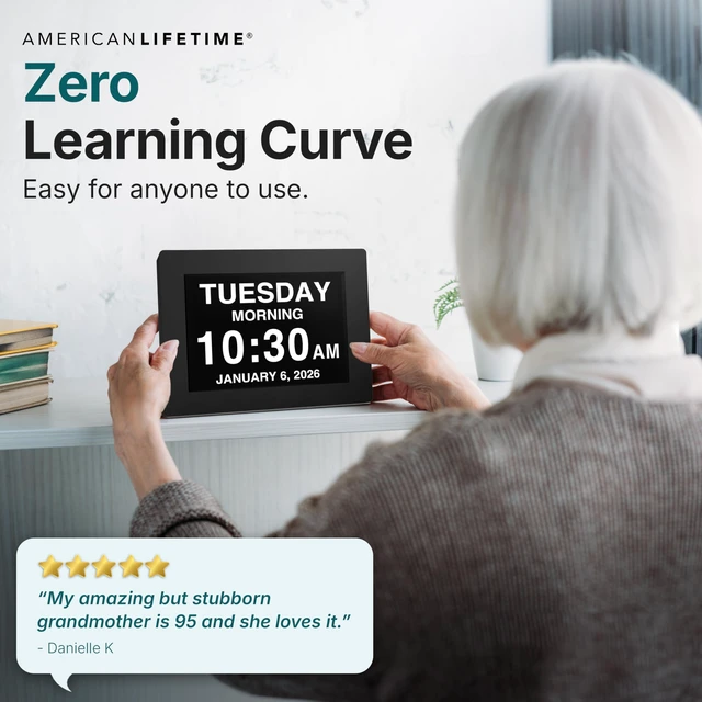 Alt view image 6 of 7 - American Lifetime 8" Digital Alarm Clock for Seniors, Dementia Clock, Black | 2026 model large display day clock with large numbers - easy to read day of the week, date and time for elderly, on a wall