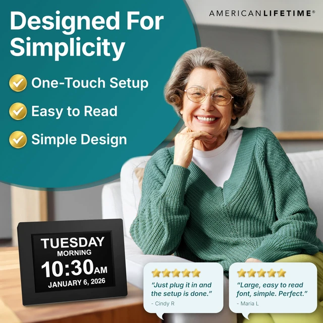 Alt view image 4 of 7 - American Lifetime 8" Digital Alarm Clock for Seniors, Dementia Clock, Black | 2026 model large display day clock with large numbers - easy to read day of the week, date and time for elderly, on a wall