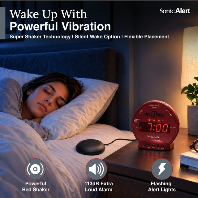 Alt view image 4 of 7 - Sonic Alert Sonic Bomb Dual Alarm Clock with Bed Shaker, Red Vibrating Alarm Clock Heavy Sleepers, Battery Backup | Wake with a Shake