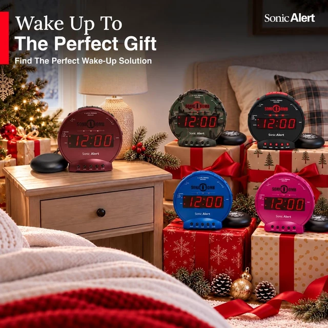 Alt view image 2 of 7 - Sonic Alert Sonic Bomb Dual Alarm Clock with Bed Shaker, Red Vibrating Alarm Clock Heavy Sleepers, Battery Backup | Wake with a Shake