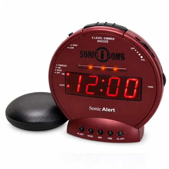 Main image of Sonic Alert Sonic Bomb Dual Alarm Clock with Bed Shaker, Red Vibrating Alarm Clock Heavy Sleepers, Battery Backup | Wake with a Shake
