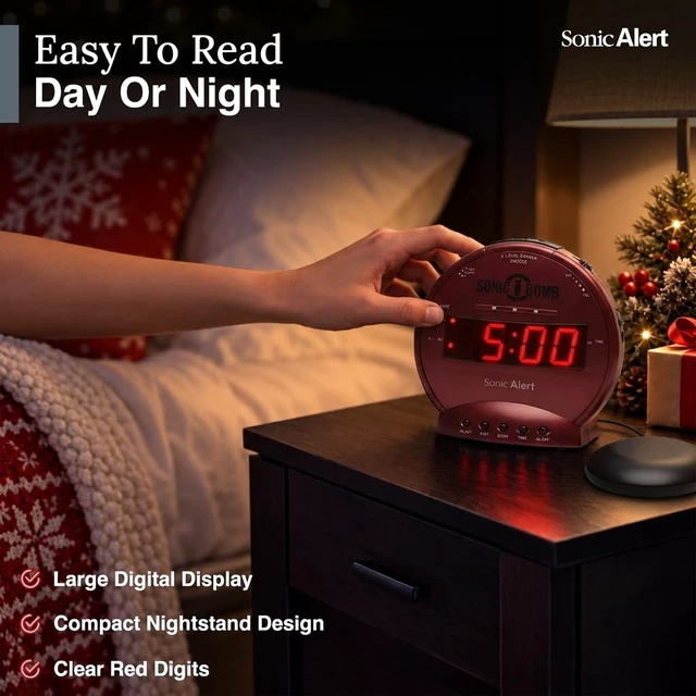 Alt view image 7 of 7 - Sonic Alert Sonic Bomb Dual Alarm Clock with Bed Shaker, Red Vibrating Alarm Clock Heavy Sleepers, Battery Backup | Wake with a Shake