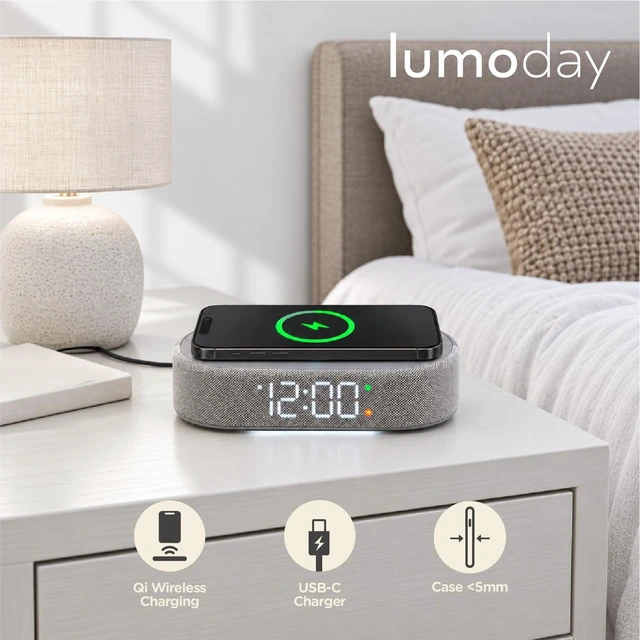 Alt view image 3 of 7 - Lumoday Fabric Digital Alarm Clock for Bedroom, Wireless Charging, Grey | Wireless charging, USB-C port, dual alarm, 30-min snooze, dimmable display, ambient light, battery backup, bedside use