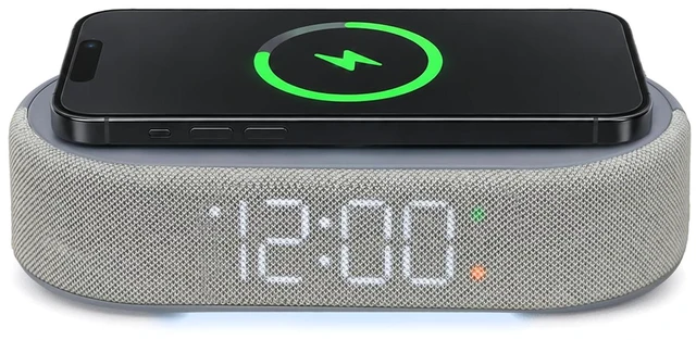 Main image of Lumoday Fabric Digital Alarm Clock for Bedroom, Wireless Charging, Grey | Wireless charging, USB-C port, dual alarm, 30-min snooze, dimmable display, ambient light, battery backup, bedside use