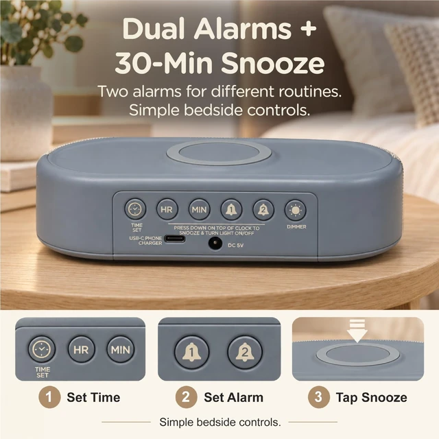 Alt view image 4 of 7 - Lumoday Fabric Digital Alarm Clock for Bedroom, Wireless Charging, Grey | Wireless charging, USB-C port, dual alarm, 30-min snooze, dimmable display, ambient light, battery backup, bedside use