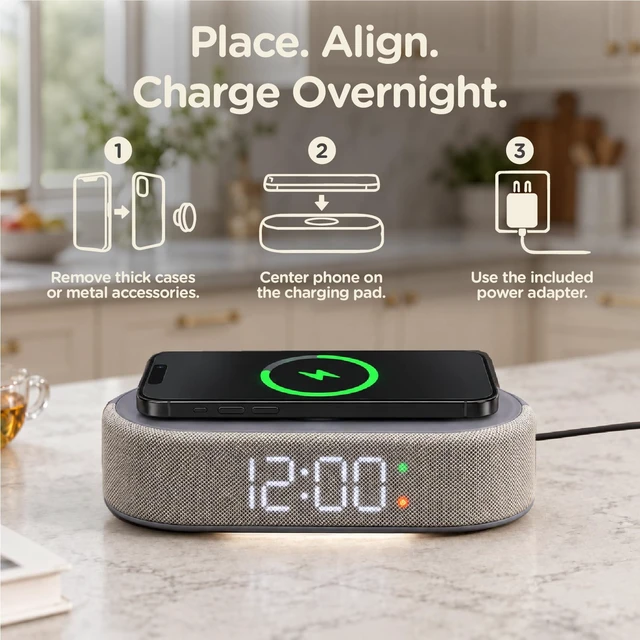 Alt view image 2 of 7 - Lumoday Fabric Digital Alarm Clock for Bedroom, Wireless Charging, Grey | Wireless charging, USB-C port, dual alarm, 30-min snooze, dimmable display, ambient light, battery backup, bedside use