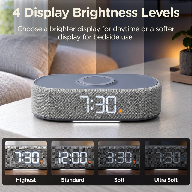 Alt view image 5 of 7 - Lumoday Fabric Digital Alarm Clock for Bedroom, Wireless Charging, Grey | Wireless charging, USB-C port, dual alarm, 30-min snooze, dimmable display, ambient light, battery backup, bedside use