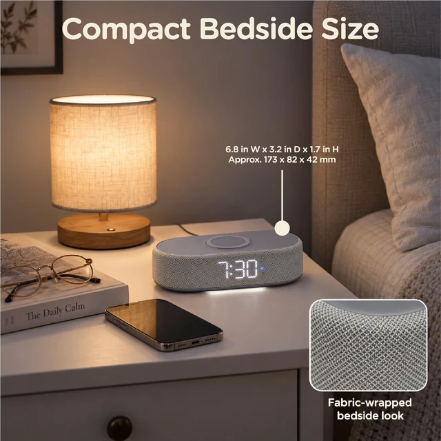Alt view image 6 of 7 - Lumoday Fabric Digital Alarm Clock for Bedroom, Wireless Charging, Grey | Wireless charging, USB-C port, dual alarm, 30-min snooze, dimmable display, ambient light, battery backup, bedside use