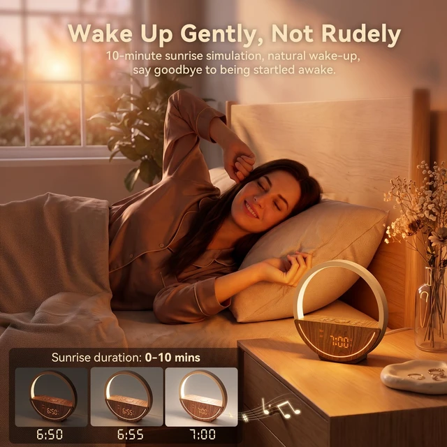 Alt view image 3 of 7 - Vivilumens Sunrise Alarm Clock with Sound Machine & Night Light | 20 Soothing Sounds with 30/60/90Min Sleep Timer, 3 Level Touch Bedroom Nightlight, Dual Alarms for Heavy Sleepers with Snooze