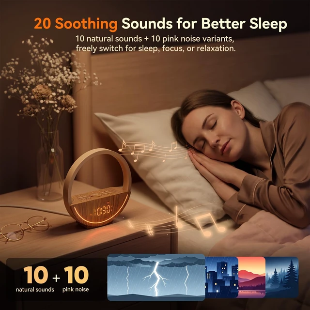 Alt view image 5 of 7 - Vivilumens Sunrise Alarm Clock with Sound Machine & Night Light | 20 Soothing Sounds with 30/60/90Min Sleep Timer, 3 Level Touch Bedroom Nightlight, Dual Alarms for Heavy Sleepers with Snooze