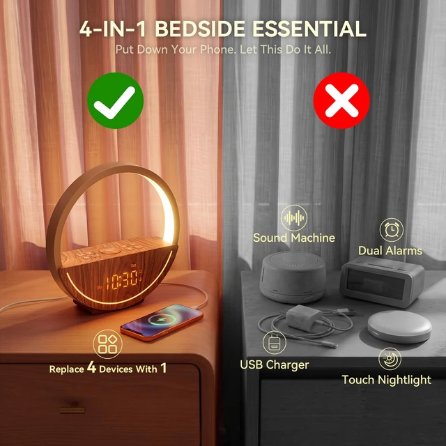 Alt view image 2 of 7 - Vivilumens Sunrise Alarm Clock with Sound Machine & Night Light | 20 Soothing Sounds with 30/60/90Min Sleep Timer, 3 Level Touch Bedroom Nightlight, Dual Alarms for Heavy Sleepers with Snooze
