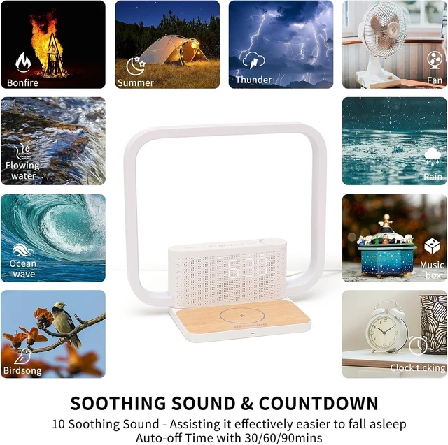 Alt view image 7 of 7 - RETEYUNG Sunrise Alarm Clock Wireless Charger Sound Machine for bedrooms | 3 Levels Touch Lamp, 2 Alarms,15 Ringtones,10 Nature Sounds,30/60/90 Timer, 12 Volume for Heavy Sleepers,10Mins Snooze