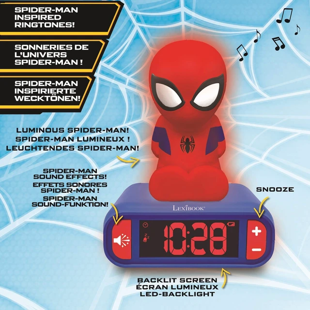 Alt view image 3 of 7 - LEXiBOOK, Spider-Man Nightlight Alarm Clock, RL800SP | Sounds & Melodies, LCD Backlit screen, Luminous, Snooze, Blue