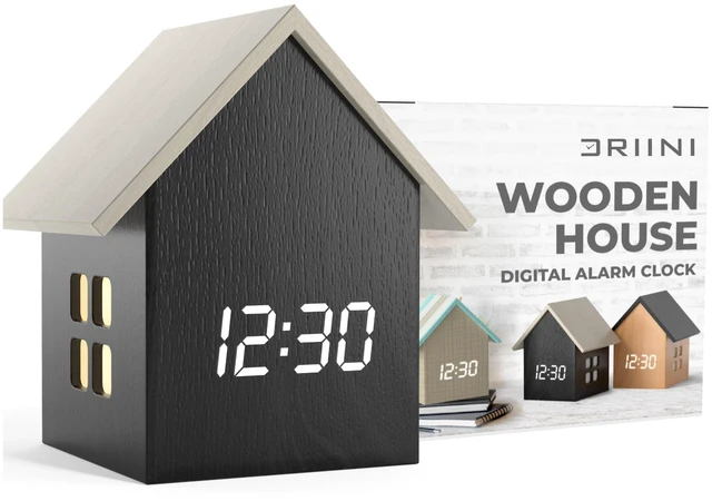 Main image of Driini Modern House Shaped Digital Clock Large Alarm Clock, Dark Wood | USB-C powered, with a dimmable LED display and indoor temperature decorative styling for a bedside table or living room.