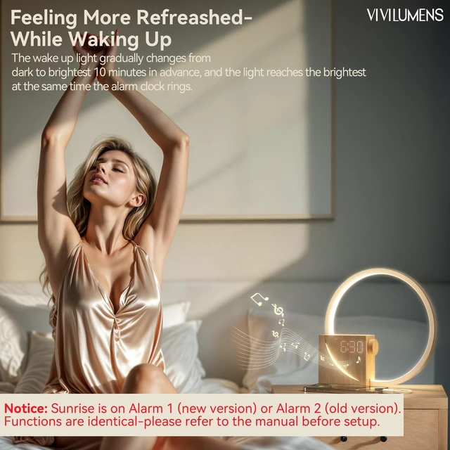 Alt view image 2 of 7 - Vivilumens Wood Grain Sunrise Alarm Clock with Sound Machine Nightlight | Gradual Wake Up Light Alarm Clock for Heavy Sleepers, Digital Dimmable Clock, 10 Sleep Sounds, White Noise Machine for Adults