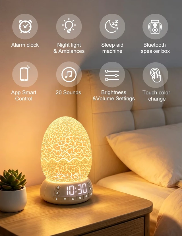 Alt view image 2 of 7 - Upgraded Dinosaur Egg Alarm Clock with White Noise Machine & APP Control | Egg Light with 20 Soothing Sounds, Bluetooth Speaker, Sleep Trainer, Dimmable Display for Bedroom, Gifts for Kids Adults
