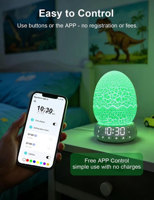 Alt view image 3 of 7 - Upgraded Dinosaur Egg Alarm Clock with White Noise Machine & APP Control | Egg Light with 20 Soothing Sounds, Bluetooth Speaker, Sleep Trainer, Dimmable Display for Bedroom, Gifts for Kids Adults