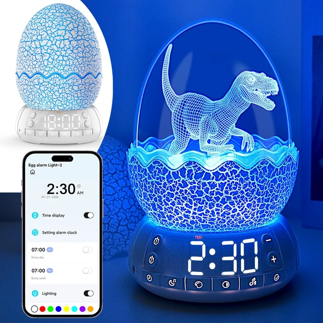 Main image of Upgraded Dinosaur Egg Alarm Clock with White Noise Machine & APP Control | Egg Light with 20 Soothing Sounds, Bluetooth Speaker, Sleep Trainer, Dimmable Display for Bedroom, Gifts for Kids Adults