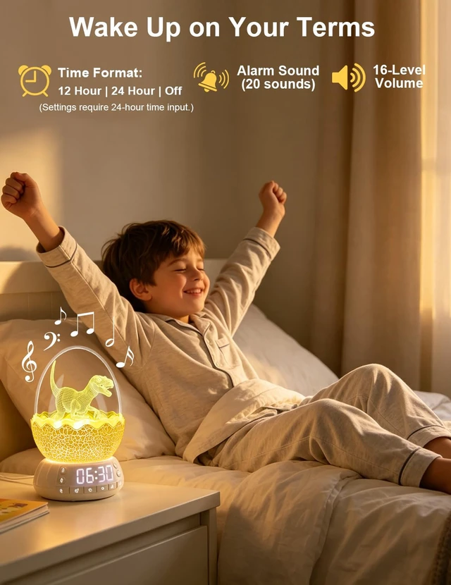 Alt view image 4 of 7 - Upgraded Dinosaur Egg Alarm Clock with White Noise Machine & APP Control | Egg Light with 20 Soothing Sounds, Bluetooth Speaker, Sleep Trainer, Dimmable Display for Bedroom, Gifts for Kids Adults